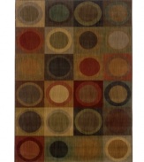 Cool and casual, this winsome area rug expresses a fashionable story full of character and color. Top to bottom, side to side, vibrant circles are mixed and matched with deep reds, blues and greens. Crafted with durable nylon, this captivating piece will be a long-lasting fixture of softness and allure in your home.