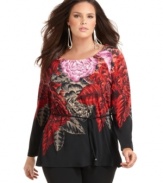 Get standout style with Tahari Woman's long sleeve plus size top, featuring a bold floral print and belted waist. (Clearance)