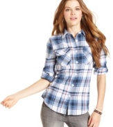 Button-up in a button-down! Planet Gold's rendition of this go-to style features roll tab sleeves plus a classic plaid-print.