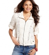 Go femme this fall in a lace jacket from American Rag! Sports roll tab sleeves and pleat detail at the back.