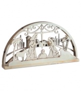 The perfect decoration for your holiday table or mantle, this Nativity centerpiece depicts the traditional birth of baby Jesus in a clean, simple design.