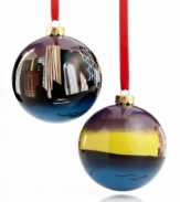 Cherish the memory of Christmas in Chicago with a glass ornament hand painted with the city's world-famous skyscrapers. Shown front and back.
