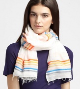 An allover, narrow, stripe design in a gauzy cotton blend. 85% cotton/15% acrylicAbout 28 X 80Dry cleanImported 