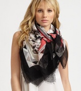 A gorgeous, abstract print accented with sweet, baby fringe. 35% cotton/65% linenAbout 54 X 54Dry cleanMade in Italy