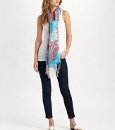 A tranquil-yet-eye-catching print adds just the right amount of color to this fringe-trimmed style. 28 X 8251% silk/49% cashmereDry cleanImported