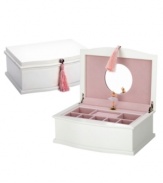 A twirling ballerina presides over this charming jewelry box, a treat for young collectors. Try on your favorite baubles in the oval mirror as she pirouettes to Nutcracker Suite. Removable tray makes organization a snap while soft pink lining adds a sweet, feminine touch.