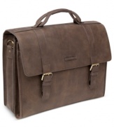 The allure of leather. This rich, buttery soft bag features a double-gusset construction and flap-over design with statement touches, like a signature figure-eight handle & classic buckle closures. Opening to reveal two spacious compartments with padded laptop protection, file pocket, easy-access stash pockets and so much more, this leather brief makes sophisticated living easy.