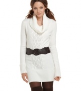 This fitted sweater dress from JJ Basics is absolutely adorable with a cable knit front and faux leather belt. Pair it with tights and thigh-high socks for a preppy, daytime ensemble.