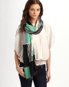 A lightweight cashmere style with an abstract print. Cashmere About 75 X 36 Dry clean Imported 