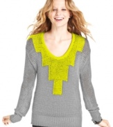 Geometrically correct, Belle Du Jour's colorblock sweater sports a super-dynamic pattern that's sure to make this layer a cool-weather favorite.