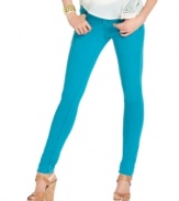 Go bright with these super skinnies from GUESS?--a solid turquoise wash is amazingly easy to pair with everything this season!