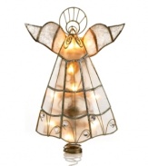 Light the way with the rustic grace of Kurt Adler's angel tree topper, featuring a body of iridescent capiz shells.