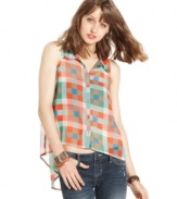 American Rag gives the plaid top a super-cool makeover, incorporating au-courant sheer style, a high-low hem and a totally eye-popping color palette!