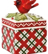 The perfect gift box, this Winterberry design from Fitz and Floyd is wrapped in traditional Christmas plaid and topped with sculpted winter scenery. A gift in itself or a clever way to present something smaller.
