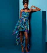 Play your wild card in this party dress from Morgan & Company, where a lively print and asymmetrical hem create a chic and animated design!