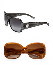 Large acetate frames accented with signature metal logo. Available in black screen with grey lens, olive with brown lens, or light tortoise with brown lens. UV 400 lens 100% UV protection Imported