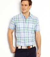 This plaid short-sleeved shirt from Nautica is a snappy addition to your classic summer style.