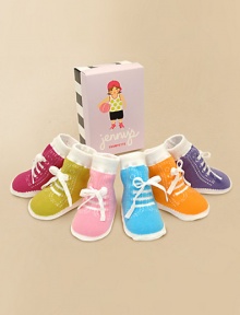 Six-pair gift set in an adorable tennis shoe design, perfect for the budding pro. Non-skid bottoms Boxed for giving Appropriate for ages 0-12 months Cotton; machine wash Imported Six-pair gift set in an adorable tennis shoe design, perfect for the budding pro. Non-skid bottoms Boxed for giving Appropriate for ages 0-12 months Cotton; machine wash Imported