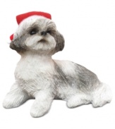 A fetching gift for animal lovers, the Shih Tzu Christmas ornament depicts a show-stopping silver and white pup waiting patiently for treats and dressed for the season. From Sandicast.