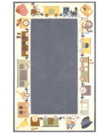 All aboard! The train's coming through the station with this irresistible rug from Momeni's Lil Mo Classic collection. The soft periwinkle blue colorway is surrounded by a train-themed border, complete with all kinds of fun, stimulating images. Hand-hooked of pure cotton, the rug features a cut-loop construction that gives the printed motifs a raised effect and tons of texture. All aboard! The train's coming through the station with this irresistible rug from Momeni's Lil Mo Classic collection. The soft periwinkle blue colorway is surrounded by a train-themed border, complete with all kinds of fun, stimulating images. Hand-hooked of pure cotton, the rug features a cut-loop construction that gives the printed motifs a raised effect and tons of texture.