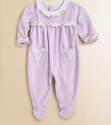 Crafted in buttery soft velour with charming ruffle trim and lavender print, this precious one-piece is as pretty as baby.Ruffled crewneckLong sleeves with ruffled cuffsBack snapsPatch pocketsBottom snaps80% cotton/20% polyesterMachine washImported Please note: Number of snaps may vary depending on size ordered. 