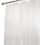 Featuring durable polyester in clear frosty hue, the Eva shower curtain liner protects your bath from stray splashes while conveniently blending with any decor. Also boasts reinforced button holes with rust-proof metal grommets and a structured top hem.