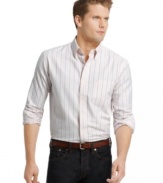 Fine stripes and a peached finish for a soft, shiny luster give this shirt a style that stands out from the crowd.