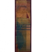 A long runner that is ideal for hallways and entryways. Radiating an abstract beauty, this rug features overlapping planes with a triple stripe accent cutting across the composition. Soft greens, blues, golds and reds blend into each other with a soft luminosity, framed with a rich crimson border.