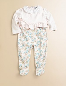The softness of pima cotton and the sweetness of flowers and ruffles are perfect for bringing baby home in style. Cardigan V-neckLong sleeves with scalloped trimWrap front with ribbon tieRuffled hem Footie Ruffled crewneckLong sleevesBack snapsBottom snapsCottonMachine washImported Please note: Number of snaps may vary depending on size ordered. 
