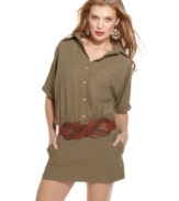 This shirt dress from Rampage brings a bit of safari-chic styling to your summer wardrobe. The neutral color is always in style and the belted waist showcases your silhouette.