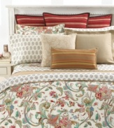 Lush details in soft red, sky blue, mint green and desert khaki are printed in a vintage design across this Antigua floral comforter. The edges are finished with natural cord piping, creating the perfect framework for this exquisite look. Reverses to the Antigua Paisley print.