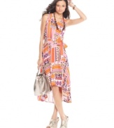 Embark on a color journey in this asymmetrical, ikat-print dress from Planet Gold -- a trend-right piece for pack-up-and-go style!