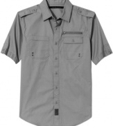 A short-sleeved utility shirt with the full-on complement of pockets, epaulets, zippers, buttons, and grommets in full-on Sean John style.