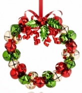 It has a ring to it. A wreath crafted of red, green and gold jingle bells elevates your tree with irresistible merriment.