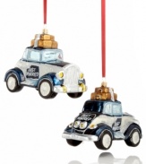 Give your favorite couple a fabulous sendoff with this Just Married Rolls Royce ornament. A navy-blue paint job with sparkling gold and silver trim make it a dashing gift, perfect for winter weddings. Shown front and back.