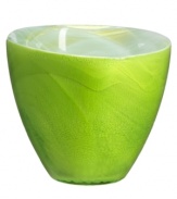 Vivid swirls and strokes of eye-catching lime drape Candy green giftware in a sweet celebration of color. An askew rim gives admirers a peek inside Sea Glasbruk's minimalist glass votive.
