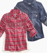 Classic plaid or denim, with cute crochet accents on the back, these shirts from Guess enhance her adorable all-American style.
