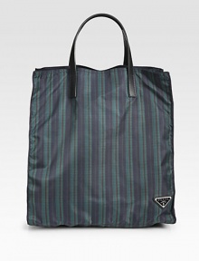 Modern plaid print design in lightweight nylon with double leather top handles.Double top handles14¼W x 15H x 7¾DMade in Italy