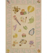 Stir her imagination with this adorable, whimsical rug from Momeni's Lil Mo Classic collection. In a throwback to old-fashion nursery styling, the soft pink rug features an assortment of childhood images like a hot air balloon, teddy bear and rocking horse--exciting sights for any little one. An alphabet-themed border offers a head start on learning!  Hand-hooked of pure cotton, Lil Mo Classics feature a cut-loop construction that gives the printed motifs a raised effect and tons of texture.