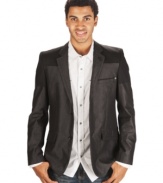 Color blocking adds modern edge to this sleek two-button sportcoat by Marc Ecko Cut & Sew.