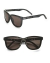 Modern, retro shaped acetate frames with contrast zipper trim and zipper pull temple detail. Available in matte black with nickel zipper and dark grey lens. Acetate/beryllium copper UV 400 lens Imported 