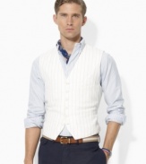 An impeccably stylish finish to any ensemble, this essential vest is rendered in a linen-cotton blend with a sumptuous sateen back and adjustable belt for a superior fit.