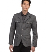 Edgy and distinctive. For the distinct and trendy man is this unique military looking fitted blazer by Kenneth Cole New York.