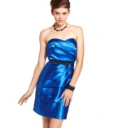 A network of pleats create cool, asymmetrical design on a party dress from BCX enhanced all the more by a studded bow belt!