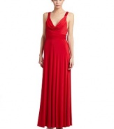 Seamlessly elegant, this sweeping matte jersey design has a ruched waist, beaded straps and a sultry open back.Cowl neckline Tonal beaded straps Ruched waist Tie-back strap Back zipper Fully lined About 62 from shoulder to hem Polyester Spot clean Imported