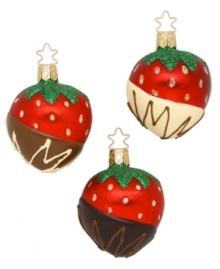 Decadent holiday treats are brilliantly hand-painted with bright colors of the season in this Strawberry Heaven set of ornaments. Mouth-blown in Germany of the finest glass for superior detail and lasting beauty. Decadent holiday treats are brilliantly hand-painted with bright colors of the season in this Strawberry Heaven set of ornaments. Mouth-blown in Germany of the finest glass for superior detail and lasting beauty.