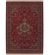 With regal designs that pay homage to the ancient art of rug-making, this piece imparts a classic, yet modern feel with rich colors that reflect the most popular looks of today. Featuring a dramatic center medallion, sweeping out in a burst of branches and blossoms, and accented in deep tones of antique red. Meticulous power-loom construction with Couristan's patented locked-in-weave and crystal-point finish. 25-year limited warranty.