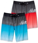 Notice how the best board shorts now have a dark, off-center edge. Case in point: Hurley Split two-tone trunks with large side logo.