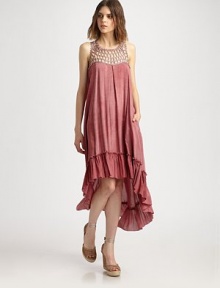 A lacy panel of soutache embroidery crowns this romantic, ruffled design.Jewel necklineEmbroidered top panelSleevelessInverted front pleatAsymmetrical ruffled hemlineAbout 32¼ from shoulder to hemViscoseDry cleanImported of Italian fabricModel shown is 5'10 (177cm) wearing US size 4. A lacy panel of soutache embroidery crowns this romantic, ruffled design.Jewel necklineEmbroidered top panelSleevelessInverted front pleatAsymmetrical ruffled hemlineAbout 32¼ from shoulder to hemViscoseDry cleanImported of Italian fabricModel shown is 5'10 (177cm) wearing US size 4.