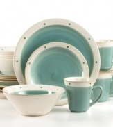 Serene and understated, Sango's Newport Aqua dinnerware set is handcrafted with raised dots and teal accents on a body of glazed white stoneware.